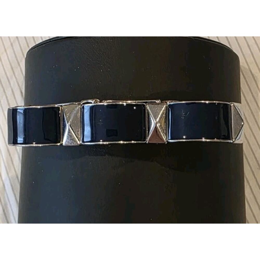 2.75 Inch Sleek Geometric Navy Enamel Silver Tone Stretch Art Deco Bracelet